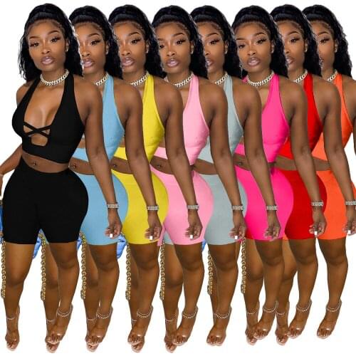 Chiclover Sexy Tracksuit Wholesale Items Sporty Two Piece Set Women Cross Halter Hollow Out Top and Biker Shorts Joggers Outfit