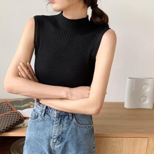 Summer Women Tops Solid Color Base knitted vest sleeveless Sweater Korean woman tops