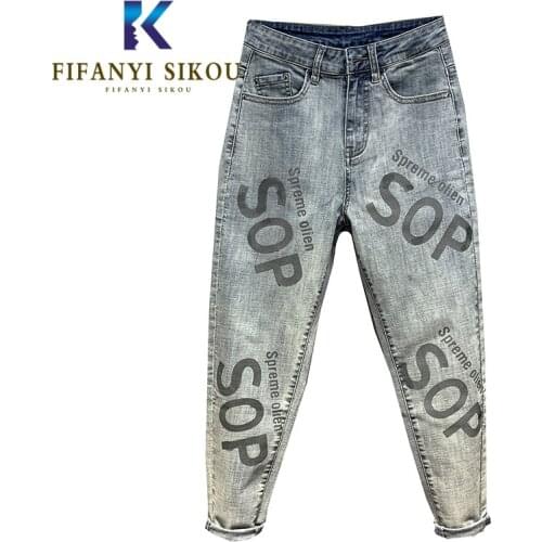 Fashion Letter Print Jeans Women 2020 Spring High waist Jeans Loose Plus size Washed Jeans Female Streetwear Denim Pencil Pants