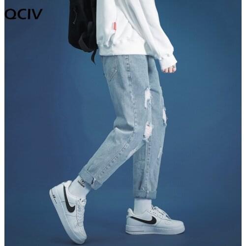 Fashion mens jeans broken hole pants thin torn mens solid cotton straight tube loose vintage washed jeans streetwear