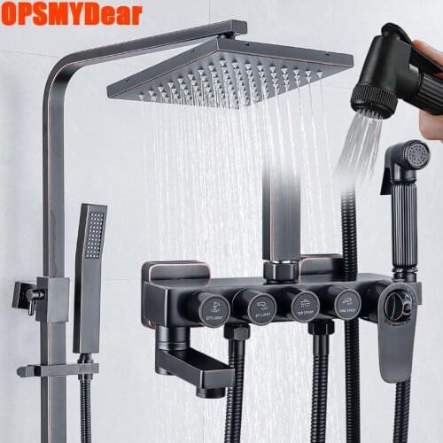 Hot Cold Shower Set Bathroom Wall Mount Smart Thermostatic Shower System Wall Mount Square Head SPA Rainfall Bath Faucet Black