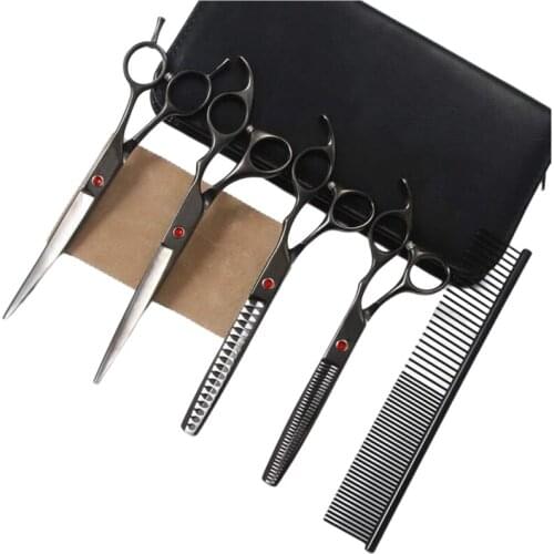 Stainless Steel Blunt Straight Thinning Curved Dog Grooming Scissor Kit 7.0 Inch Barber Flat Scissors Set