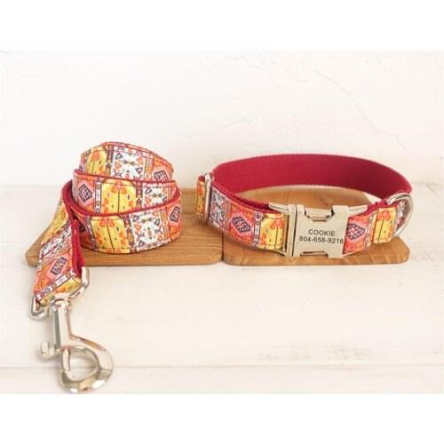 Personalized Pet Collar Customized Nameplate ID Tag Adjustable Red Bohemia Cat Dog Collars Lead Leash Set