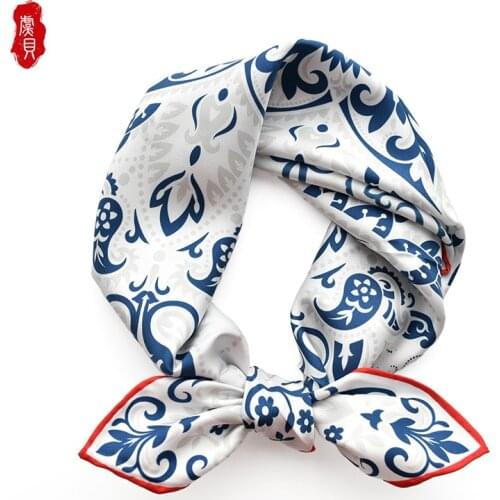 Chinese style twill silk scarf women blue and white bandana 65cm medium square scarves kerchief luxurious neck wrap shawl ladies