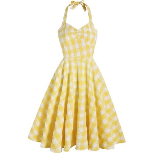 Romantic Boho Dress Halter Yellow Vestidos De Mujer Casual Bohemian Beach Holiday Dating Swing Fairy Girl Backless Plaid Dresses