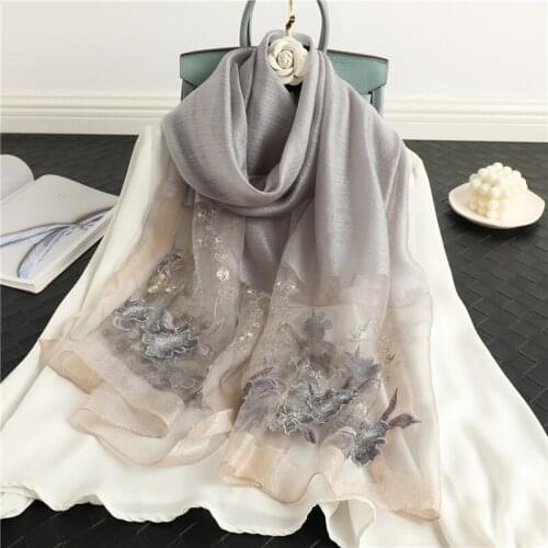 Silk Embroidery Floral Female Wool Scarf for Women Thin Foulard Bufanda Hijab Shawls Wraps Pashmina Beach Stoles Headscarf