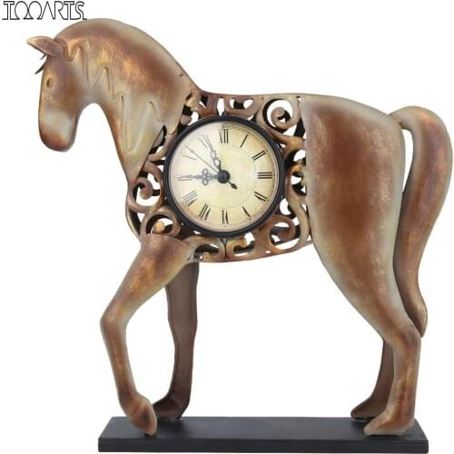 Tooarts Horse Clock Vintage Metal Horse Figurine Hollowed Pattern Mute Table Clock Operated by One AA Battery (not included)
