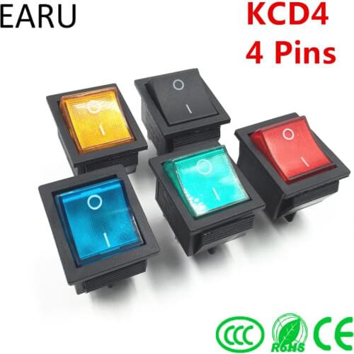 Latching Rocker Switch Power Switch I/O 4 Pins With Light 16A 250VAC 20A 125VAC KCD4 DPST Red Yellow Green Blue Black Boat