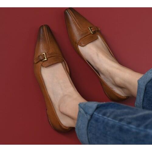 Genuine Leather Women Shoes Sheepskin Womens Shoes Square Gead Womens Whoes Cat Heel Shoes Retro Casual Shoes