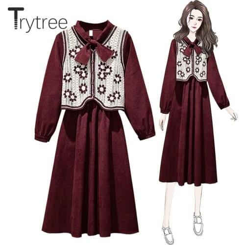 Trytree 2021 Spring Autumn Two piece Women set Casual Single Breasted Knitted Vest + Bow Shirt Dress Office Lady 2 Piece Suit