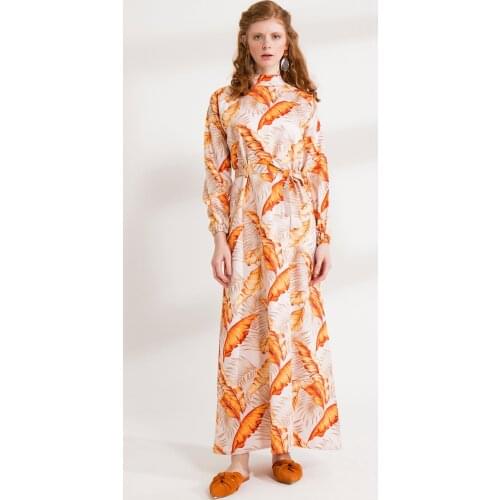 Leaf Pattern Raglan Sleeve Neck Detail Girdled Long Dress 2021 New Fashion Womens Spring And Summer Clothing Collections