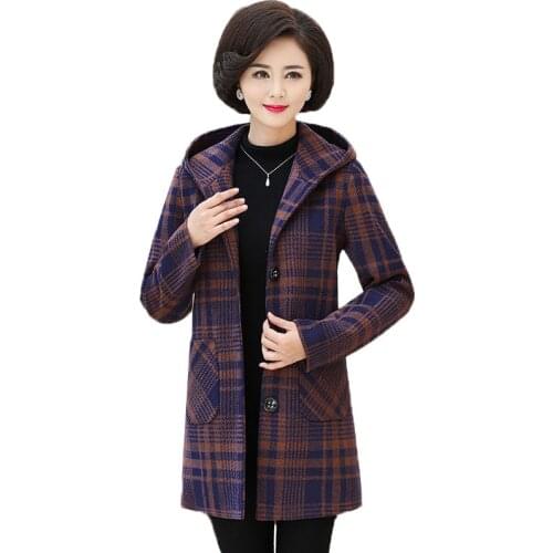 Middle-aged Mother women Large size woolen coat fashion autumn winter Korean Mid-length lattice warm Woolen Outerwea Female R485
