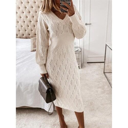 Autumn Winter Warm Sweater Dress Long Sleeve Elegant Hollow Pullover Midi Dreeses Solid Plus Size Knitted Dresses Vestidos 4XL
