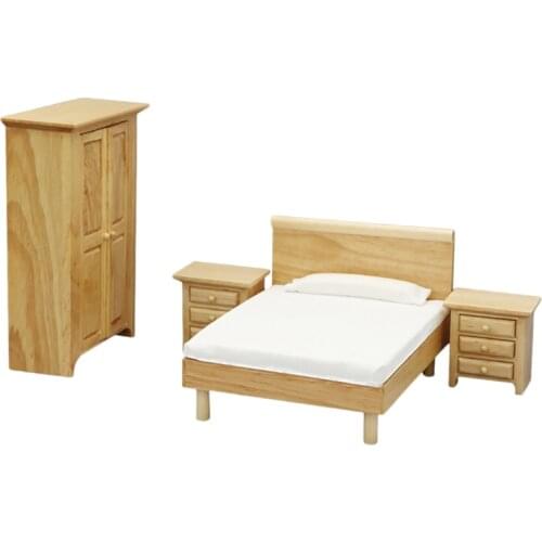 1:12 Miniature Wood Bedroom Cabinet Set Bedside Table Dollhouse Furniture Accessories Wood color
