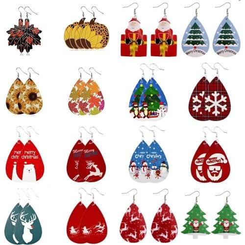 1Pair Christmas Leather Earrings Christmas Tree Bell Luminous Earrings Elk Snowman Santa Earrings Holiday Jewelry Gifts 54 Style