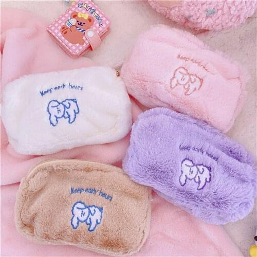 1Pc New Cartoon Winter Cosmetic Bag Soft Plush Bag Travel Zipper Pouch Makeup Storage Organizer With Fur