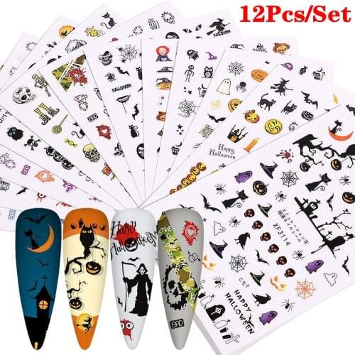 12Pcs Halloween Nail Art Watermark Sticker European and American Style Pumpkin Skull Transfer Nail Sticker