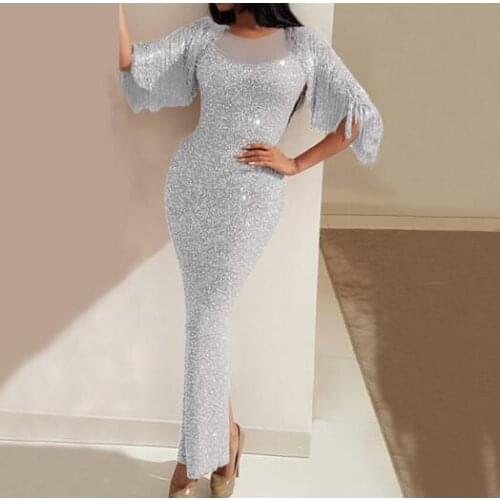2021 Autumn women wrap hip night dress slim split sequined maxi dress puff Long sleeve Sling Shine Elegant Lady Evening party dr