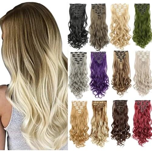 Kong&Li 7Pcs/set Long Wave Synthetic Clip In On Hair Extensions Real Black Brown Red Pink Purple Hairpieces For Women