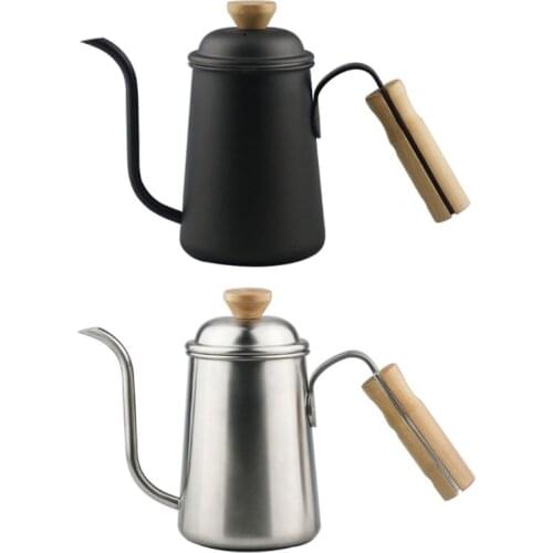 Stainless Steel 650mL Coffee Kettle Drip Filter Fine Mouth Pot Wooden Handle Pour Over Coffee Pot for Home Kitchen Office