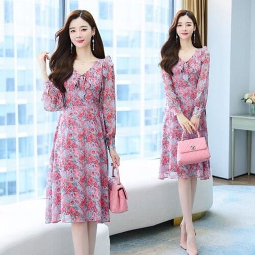 Long Chiffon Women Floral Dress Autumn Spring Runway 2021 Y2k Korean Fairy Long Sleeve Vintage Elegant Boho Party Night Dresses