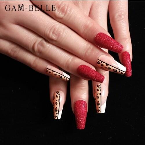 GAM-BELLE 24Pcs 3D Red Glitter False Nails Leopard Pattern French Ballerina Full Cover Artificial Fake Nail Tips Manicure Tools