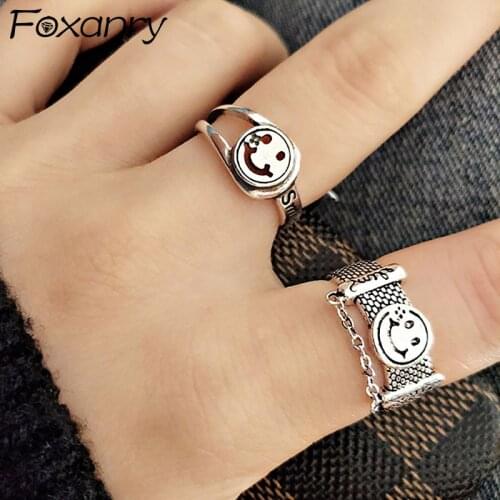 Foxanry Wholesale 925 Sterling Silver Smile Face Width Rings Vintage Punk-Style Party Jewelry for Women Size 17.5mm Adjustable