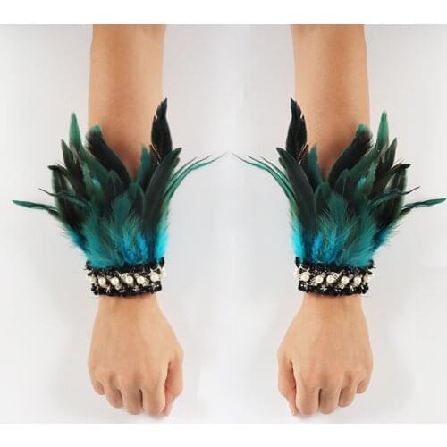 Blue Rooster Feather Wrist Cuffs With Pearl Cosplay Costume Accessory Halloween Party Cosplay Props Masquerade Rave Wrist Props