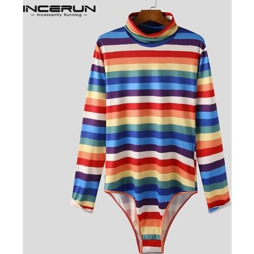 Men T Shirt Bodysuit Turtleneck Striped Fitness Streetwear Long Sleeve Rompers Fashion Casual Sexy Bodysuits Tops S-5XL INCERUN