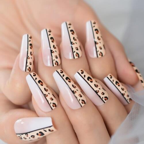 Leopard Nude French Gel Nail Tips Mixed Color Fake Nails With Designs Long Medium Coffin Press On Nails