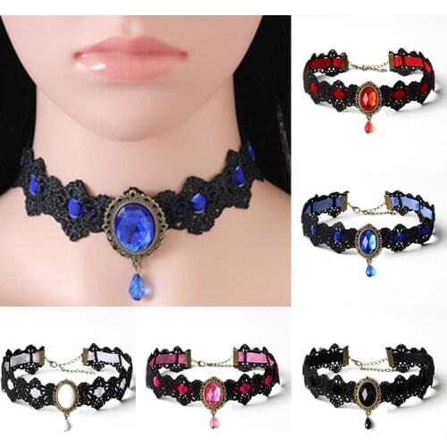 Bohemia Lace Gothic Tattoo Choker Necklace Women Vintage Black Red Blue Crystal Necklaces Gothic Punk Collar Choker Jewelry