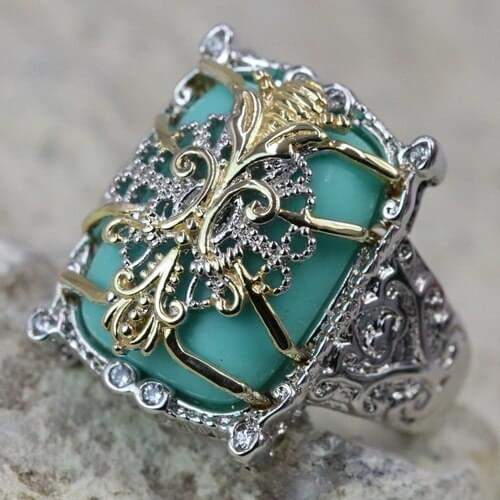 Luxury Gorgeous Women Jewelry Imitation Green Opal Bridal Rings for Wedding Engagement Set Gifts 2 Tone Gold