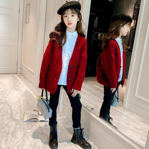 Girls Sweater Babys Coat Outwear 2021 Red Thicken Warm Winter Autumn Knitting Cardigan Jacket Long Sleeve Childrens Clothing