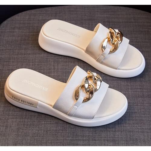 Real Soft Leather Slippers Womens Summer Outing Fashion Ins 2021 New Summer Net Red Thick Bottom Out Beach Womens Slippers