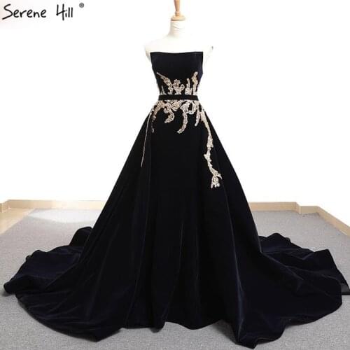 Navy Blue Velvet Off Shoulder Wedding Dresses 2020 High-end Beading Diamond Bridal Gowns Serene Hill HM66680 Custom Made