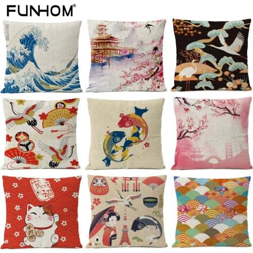 Japanese Fuji Cherry Cushion Cover Home Decorative Pillows Japan Ukiyo-e Wave Pillow Cover Linen Pillow Case Cojines Almofada