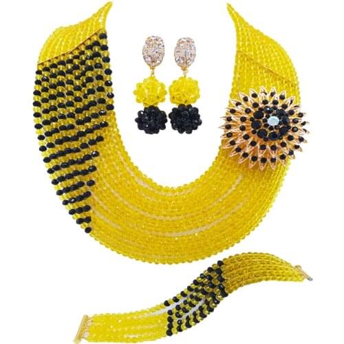 Yellow and Black African Beads Jewelry Set Nigerian Wedding Accessories Crystal Necklace Bridal Party Jewelry Sets 10JZ02
