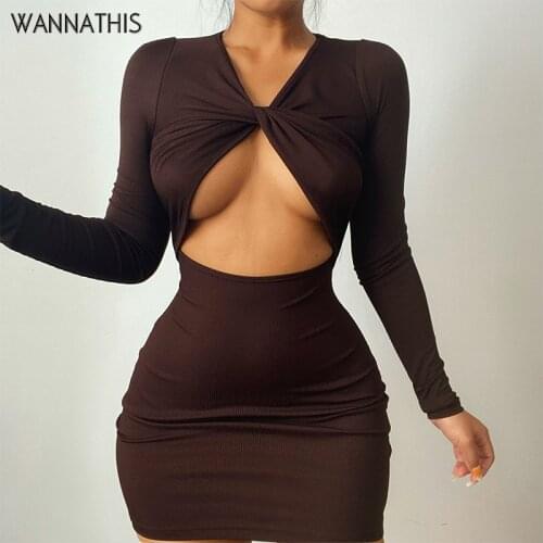 WannaThis Cut Out Long Sleeve Mini Dresses For Women Solid V-Neck Twist 2021 Summer Bodycon Sexy Basis Female Streetwear Dress