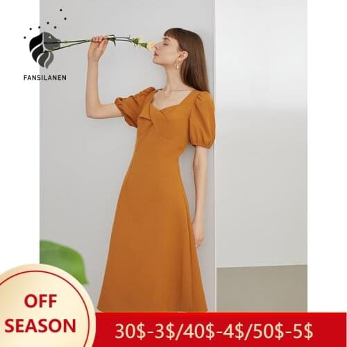 FANSILANEN Office Lady French Fried Street Dress 2021 New Summer Retro Square Collar Puff Sleeve Black Orange Dress For Women