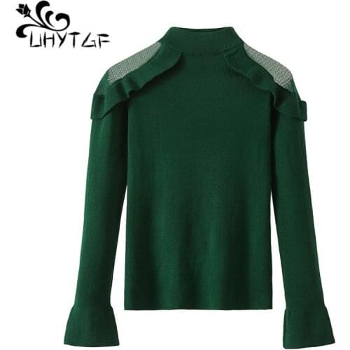 UHYTGF Winter sweater women fashion mesh long sleeve casual knitted pullover sweater female sweet Slim elegant top for women 950