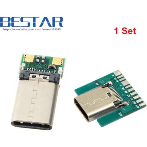 DIY 24pin USB 3.1 Type C Male & Female Plug & Socket Connector SMT type with PC Board 1 set