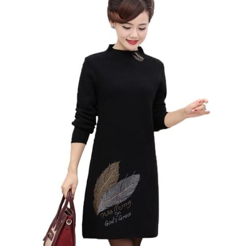 2021 New Plus Size 5XL Vintage Middle-aged Womens Winter Dress Long Sweaters Mother Knitted Pullover Female Dress X300