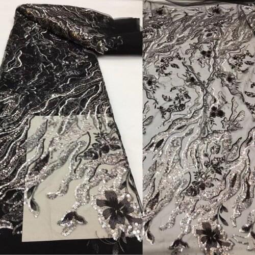 5yards/pc) Latest black silver African French net lace with sequins embroidered tulle lace fabric for party dress FSS448