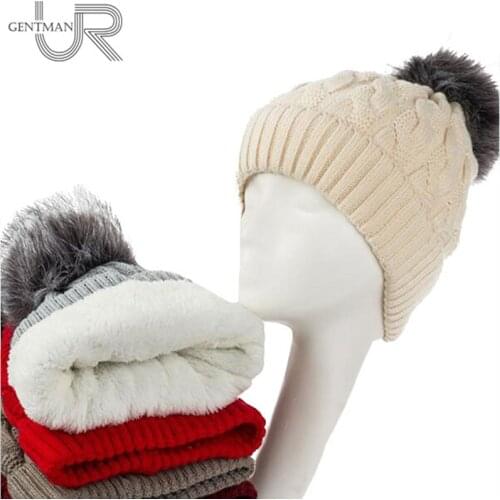 New Add Lining Knitted Winter Hats For Women Warm Fur Pompom Beanies Cap High Quality Twist Design Girls Hats