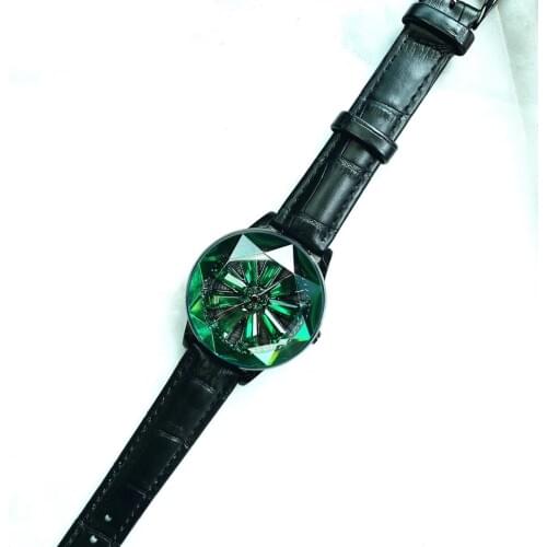 So Pretty Green Crystal Watches for Women Faceted Star Watch Spinning Flower Waterproof Leather Strap Wirstwatch Rotating Montre