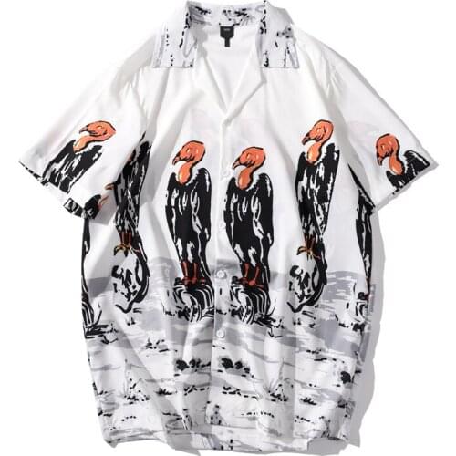 Hawaiian port style ins trend mens loose short-sleeved shirt Flamingo retro print beach flower shirt