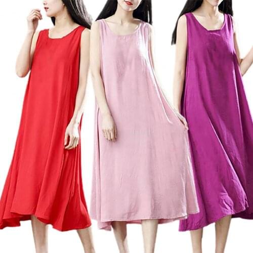 Hot Sales Summer Dress Solid Color Loose Women Round Neck Large Hem Dress for Beach