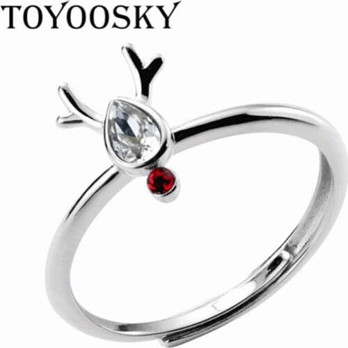 Personality Crystal Elk Antlers Lovely Open Ring Romantic Rings Women Girl Christmas Set Gift Adjustable Silver 925 Jewelry