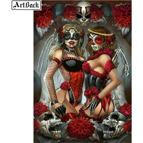 ARTBACK 5d diamond painting skull woman flower full square landscape 3d sticker diy round diamond mosaic crafts hand embroidery