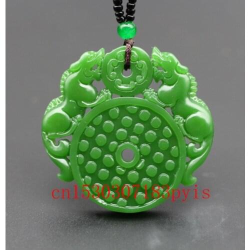 Chinese Natural Green Jade Pixiu Pendant Necklace Double-Sided Hollow Out Carved Charm Jewelry Fashion Amulet for Men Women Gift